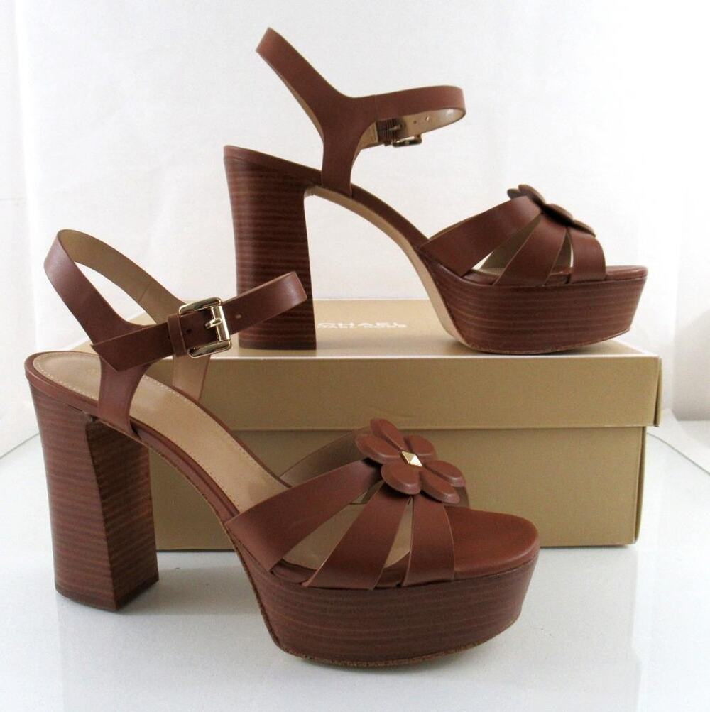 Michael Kors Nellie Platform High Heels Sandals Leather Luggage Tan Size 9.5